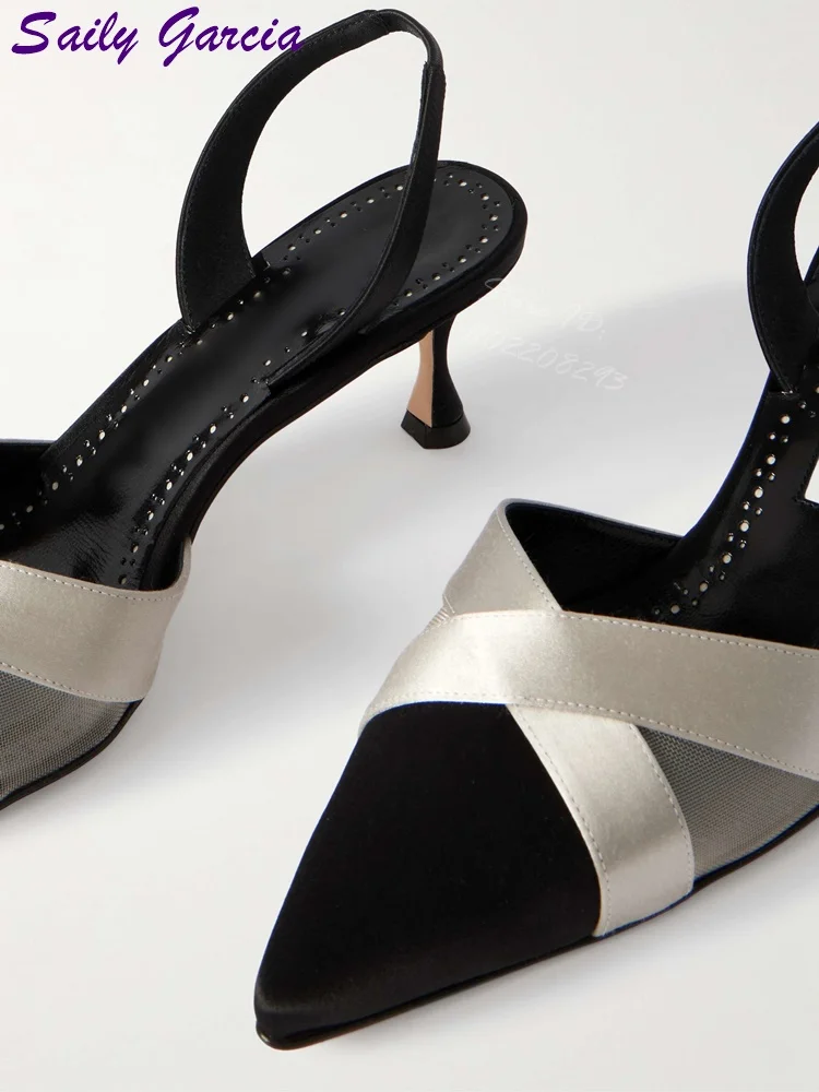 

Satin Slingback Pumps Pointed Toe Cross-tied Stilettos Patchwork Mesh Straps Slip-on Dress Shoes 2025 Summer Office Lady New