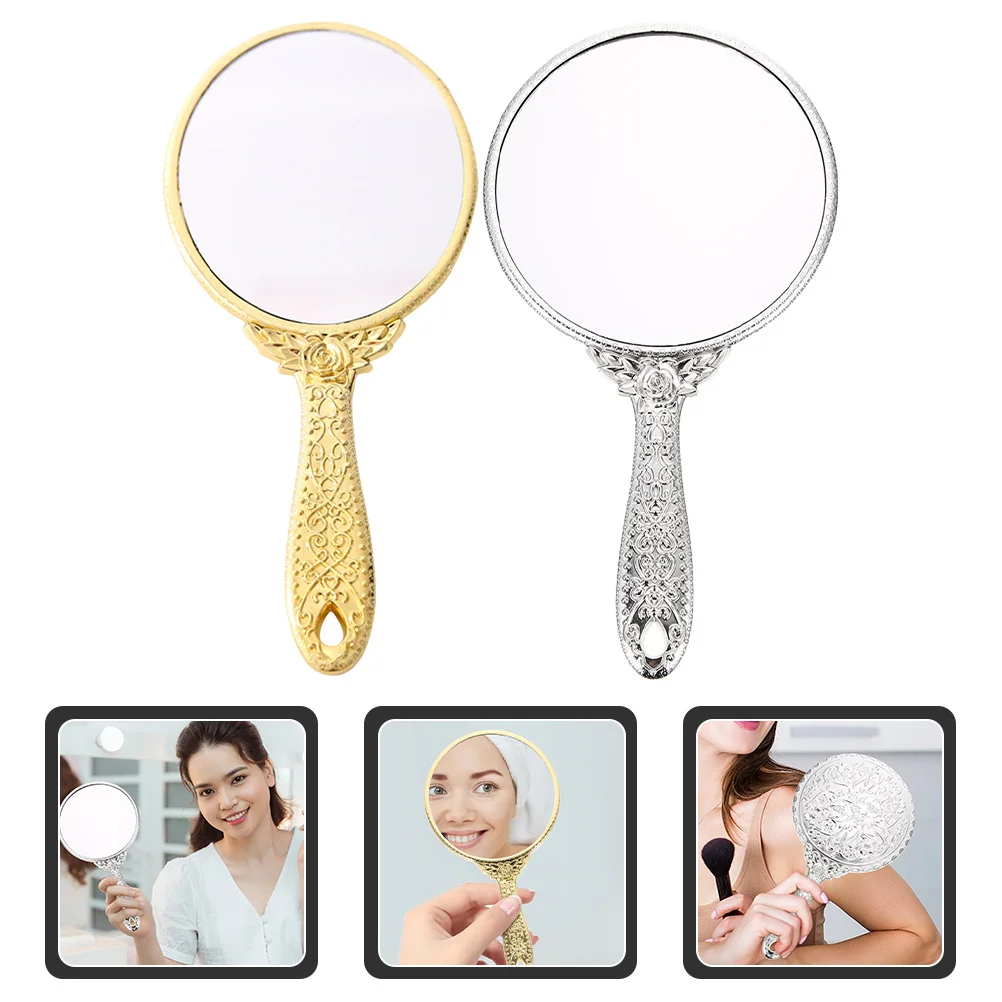 2 個のハンドヘルド化粧鏡レトロラウンドコンパクトトラベルミラーポータブル軽量明るい表面女性のための日常