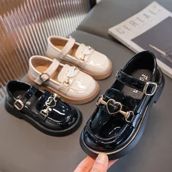 Girls' Leather Shoes 2024 New Soft Sole British Style Small Leather Shoes Kid's Metal Buckle Diamond Heart Casual Leather Shoes