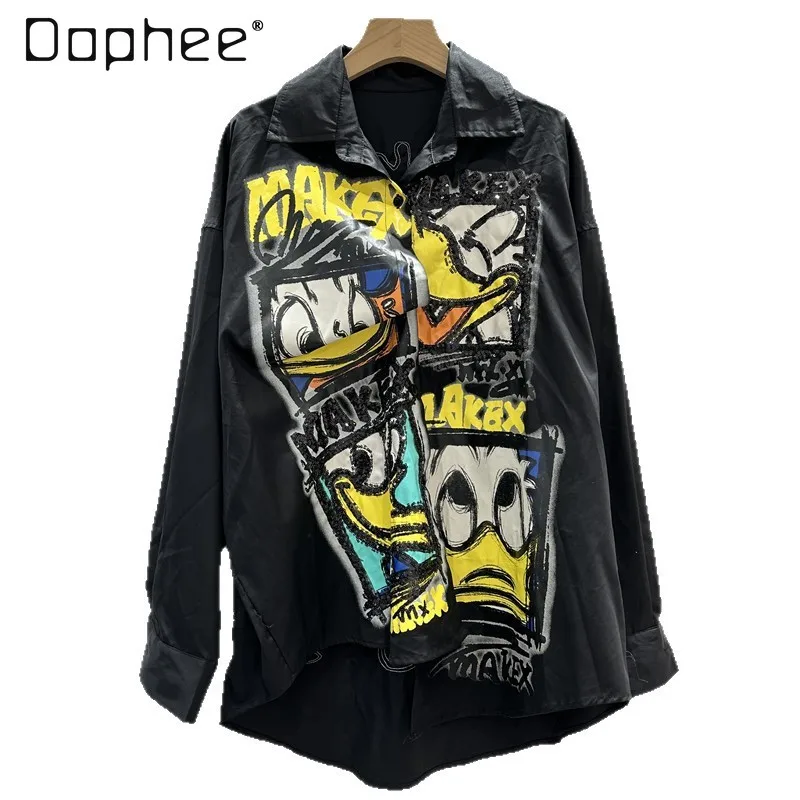 

2025 Spring and Autumn New Heavy Cartoon Print Sequin Design Loose Versatile Women's Long Sleeve Shirt Trendy Brand Y2K Top