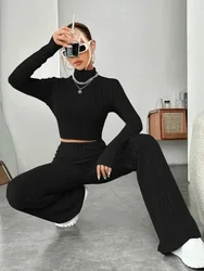 Stand Collar Navel T-shirt and Trumpet pants