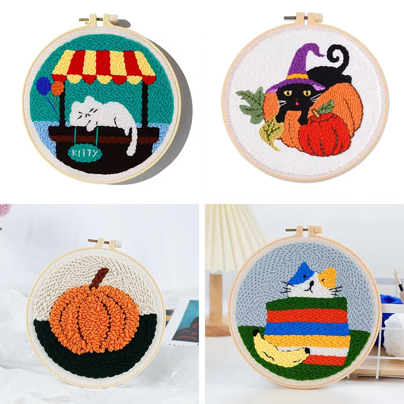 

GATYZTORY Pumpkin Cat Punch Needle Kits Wall Decor Craft Kits Animal Cross Stitch Kits For Beginners Home Wall Decor Beginner