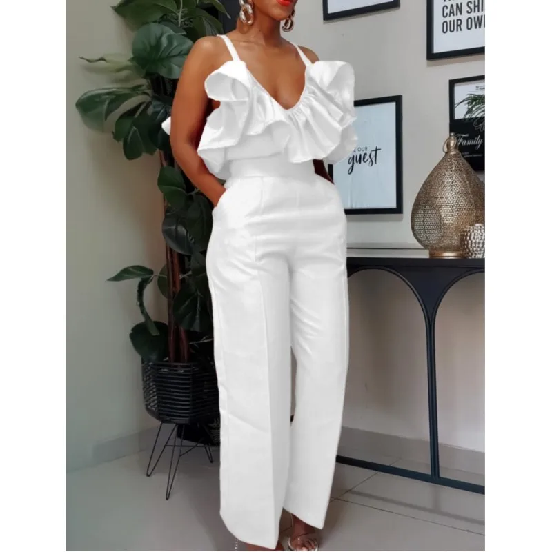Women Two Pieces Pants Set 2025 Summer V Neck Strap Crop Tops Ruffles High Waist Trousers Sexy Female Suit Fashion Party Outfits