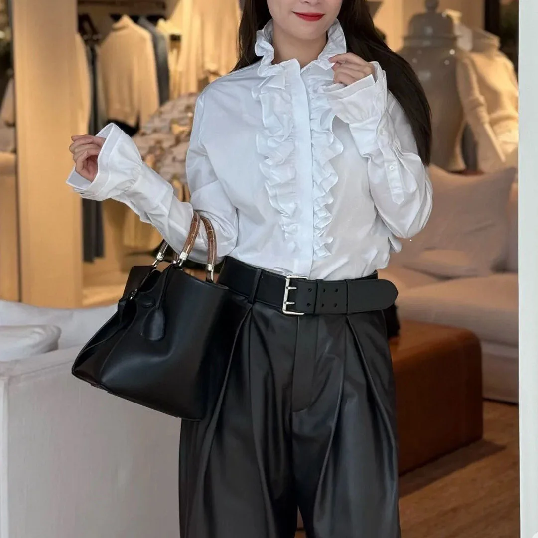 

French Elegant Office Lady 2025 New Autumn Cotton Shirt Women Vintage Lace Splied Stand Collar Ruffles Flare Long Sleeve Blouse