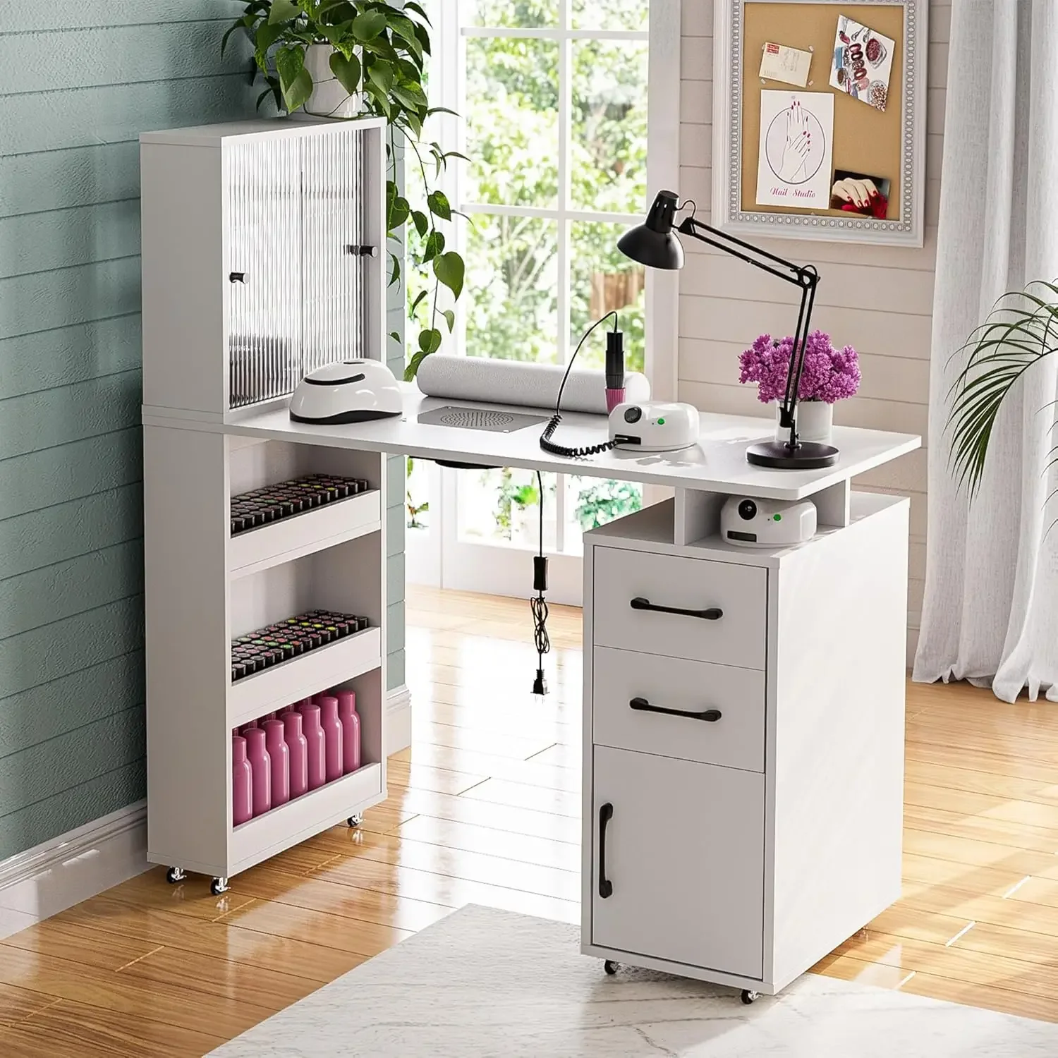 Table Nail Desk for Nail Tech w/Glass door Storage Cabinets & Wrist Rest, Beauty Salon Nail Supplies Decor Workstation