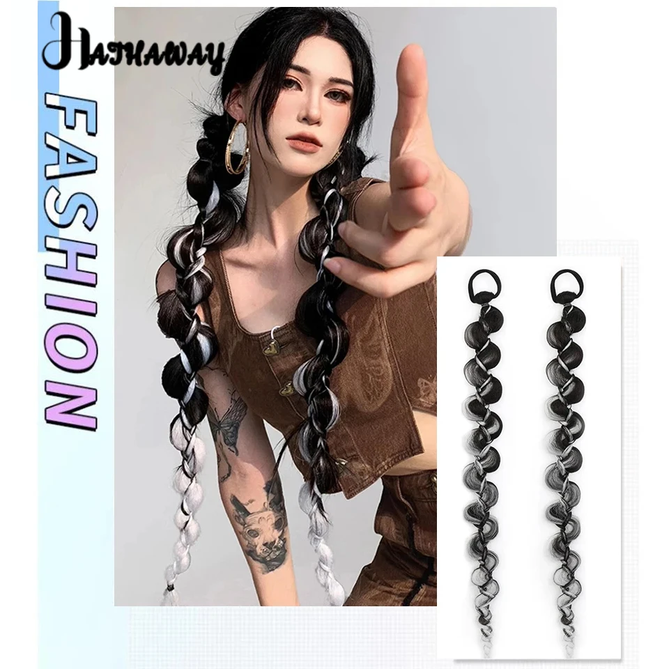 Synthetic Wig Braid Female 27 Inch Bubble Braid Sweet Cool Wind Boxing Braided Hair Long Braid Highlights Ponytail Twist Braid