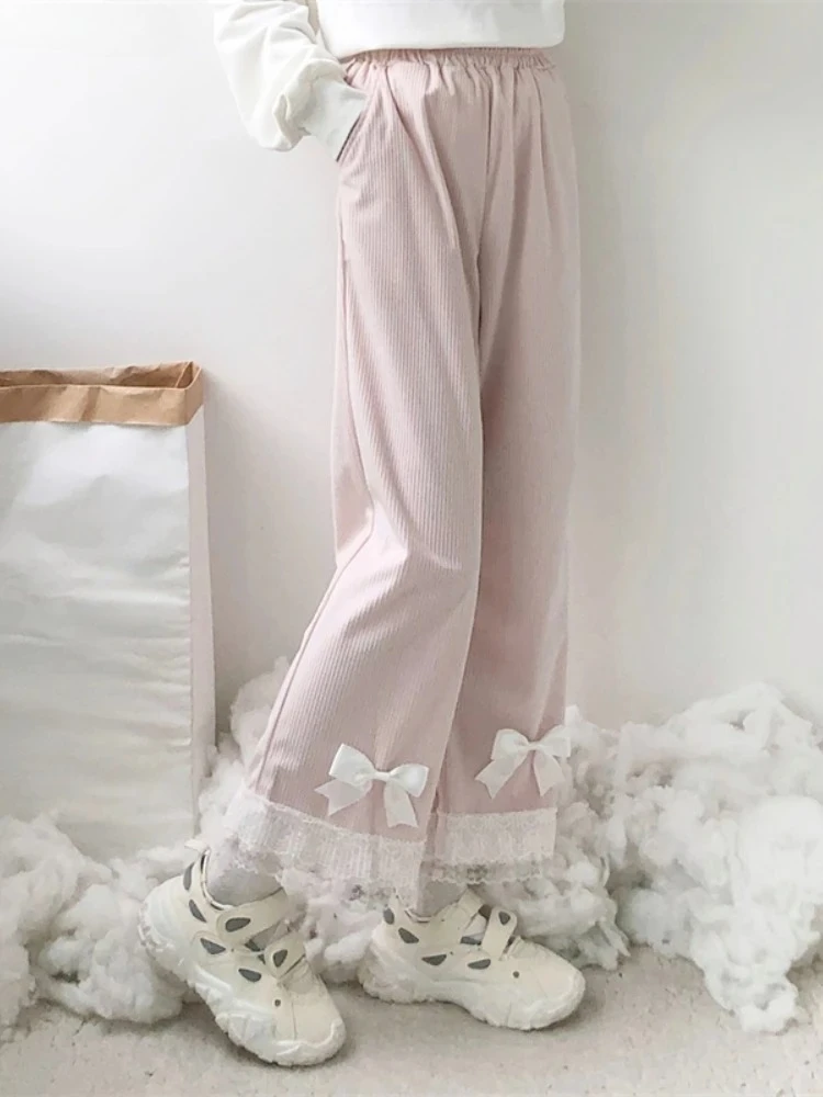 

Японские кружевные широкие брюки с бантом в стиле Лолиты, женские брюки Kawaii с высокой талией Y2k, милые девчачьи брюки в стиле Харадзюку, шикарные свободные милые брюки 2025