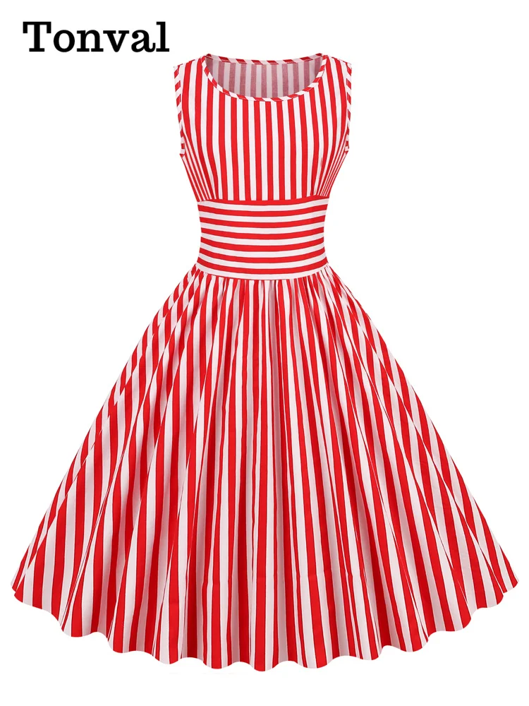 Tonval Red and White Striped High Waist Rockabilly Vintage Cotton Dresses Women O-Neck Sleeveless Pinup 50s Pleated Dress