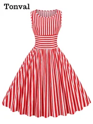 Tonval Red and White Striped High Waist Rockabilly Vintage Cotton Dresses Women O-Neck Sleeveless Pinup 50s Pleated Dress