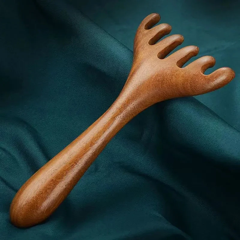 Natural Golden Sandalwood Five-Claw Scalp Massager Gua Sha Tool Back Scratcher Spa Handheld Meridian Massage Comb Hair Care