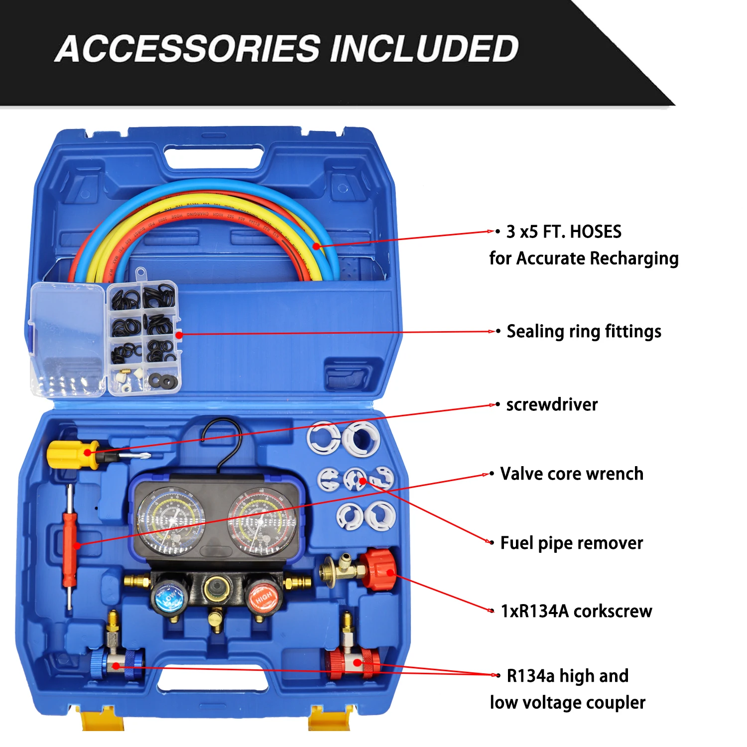 Car Tools Set Refrigeration Air Conditioning 3 Way Tools with Hose and Hook for R410a R32 R22 R-134a Manifold Gauge Air