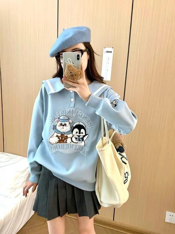 

Sweet Style Naval Collar Sweatshirt for Girls Spring Autumn High School Students Fashion Cartoon Embroidery Cute Top