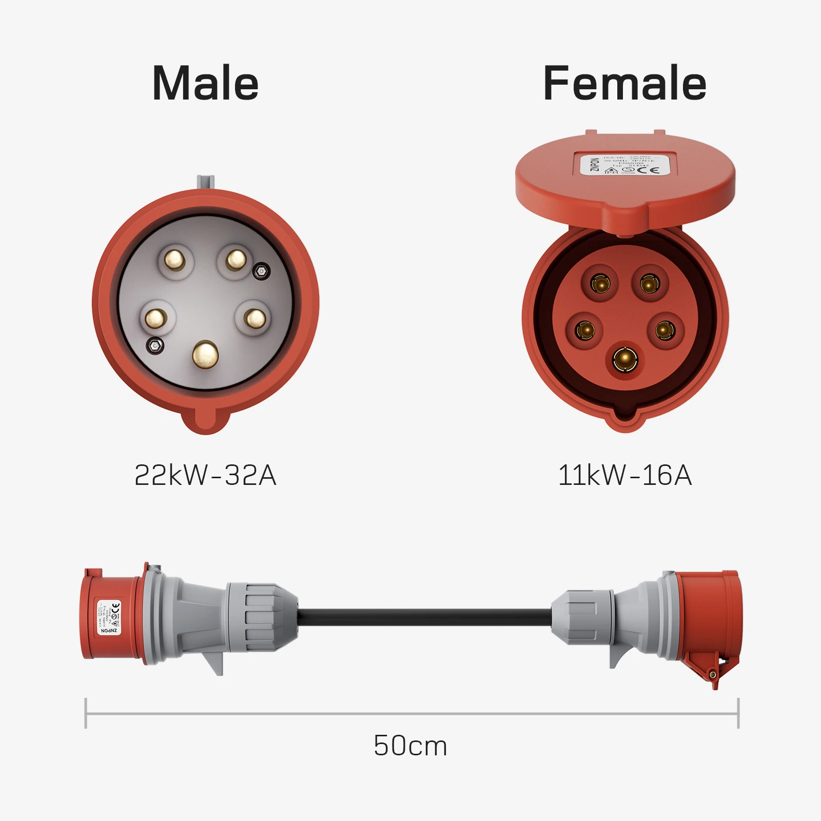 dé CEE 32A to 16A Adapter 3 Phase 400V CEE Male to Female 5-pole High Current Adapter with IP44 Protection Class