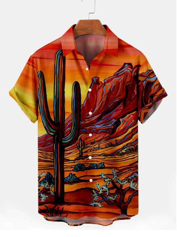 Camiseta estampada de cacto masculina, camisa de praia havaiana, paisagem natural, vintage, moda casual, verão