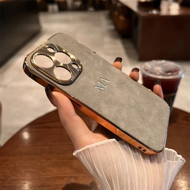 Personalized Customized Initials Name Case For Iphone 11 12 13 14 15 16 Pro Max Plating Electroplated Frame Lambskin Cover