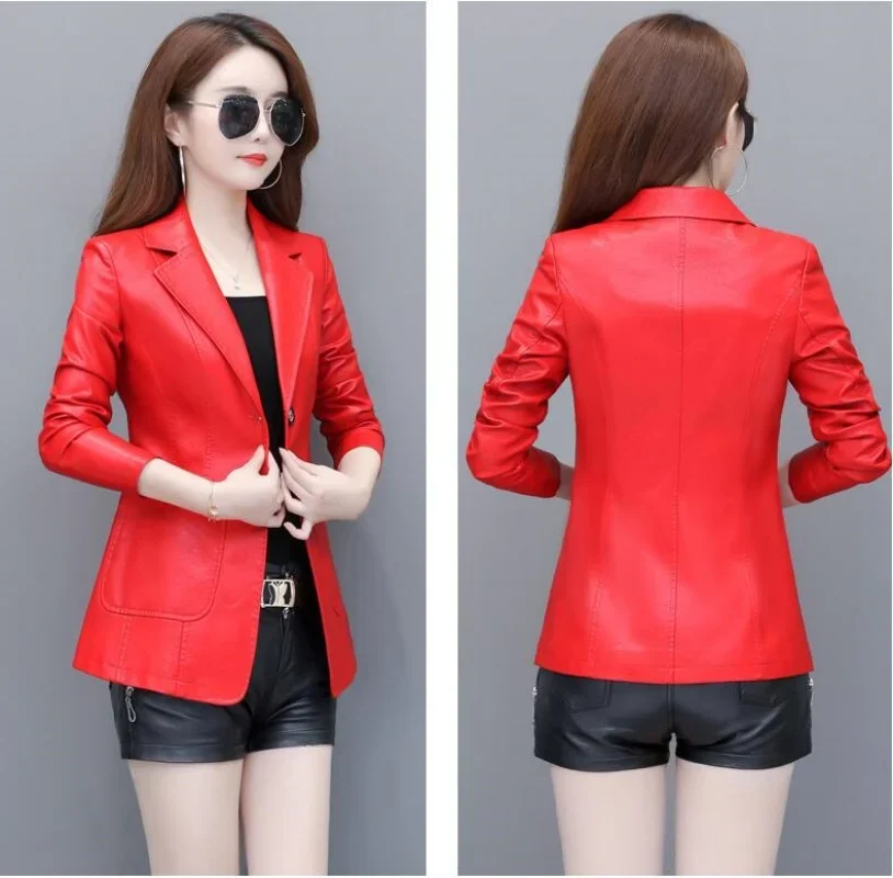 Blazer kulit wanita, mantel pendek kulit domba kecil kerah Slim pinggang, jas klasik mode musim semi musim gugur