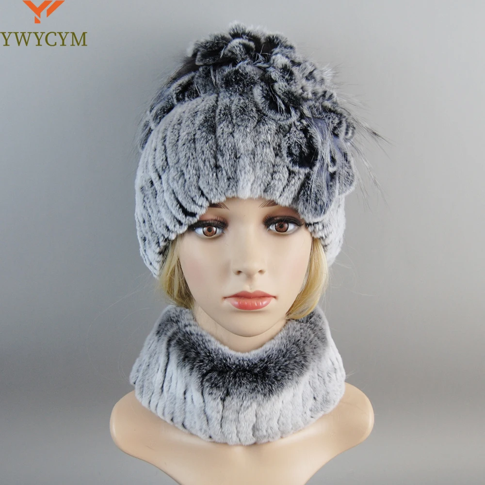 Hot Sale Women Warm Rex Rabbit Fur Hat Scarf Sets Winter Lady Knit Fur Hats Muffler 2 Pieces Natural Rex Rabbit Fur Cap Scarves