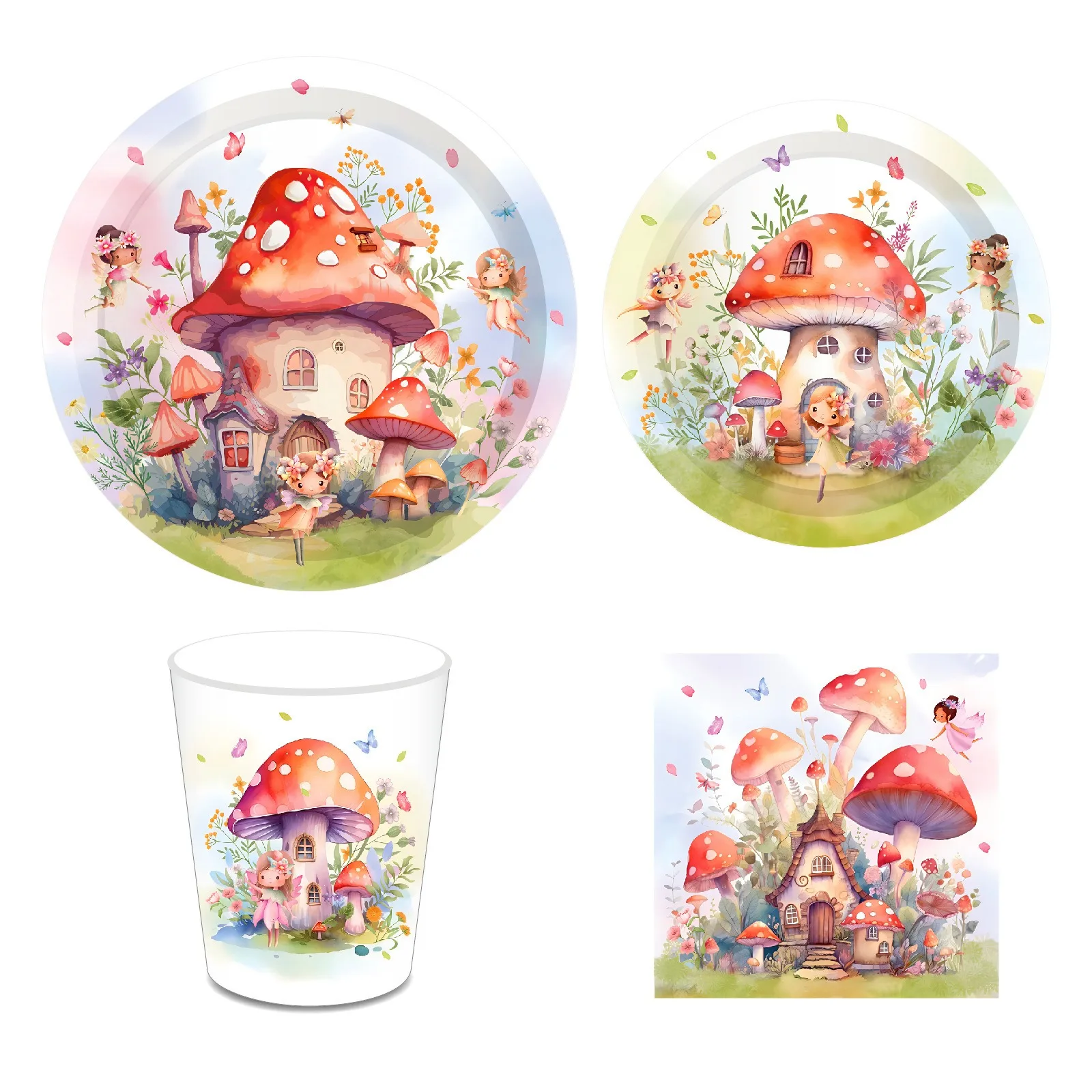 Fairy Mushoroom House Disposable Tableware Girls Fairy Princess Paper Plates Napkins Happy Fairy 1st Birthday Party Supplies