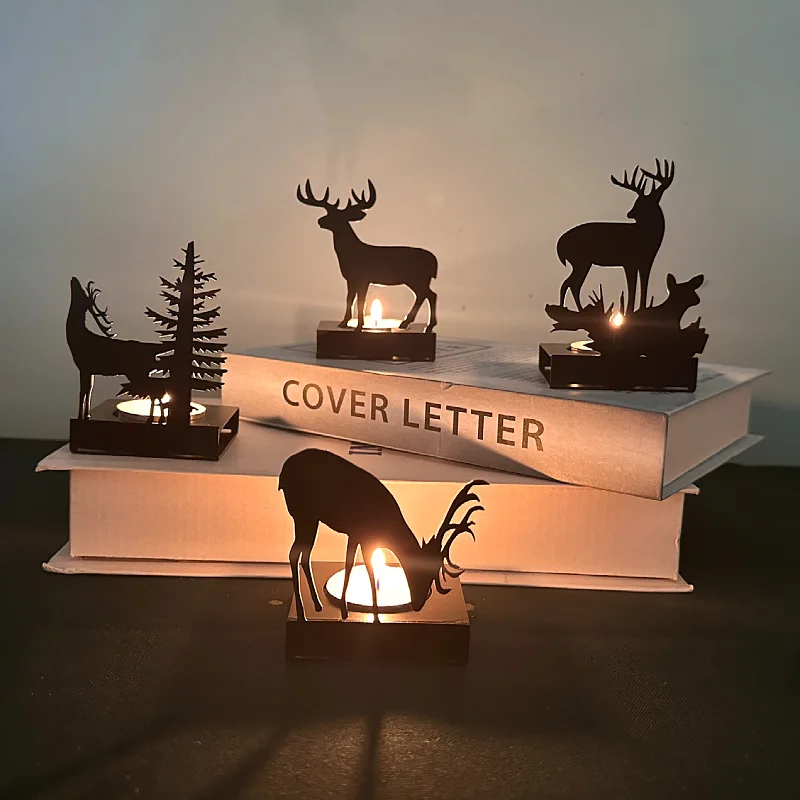 Christmas Funny Shadow Metal Stand for Candle Model Reindeer Tree Milu Deer Xmas Home Party Decoration Toy Gift for Family