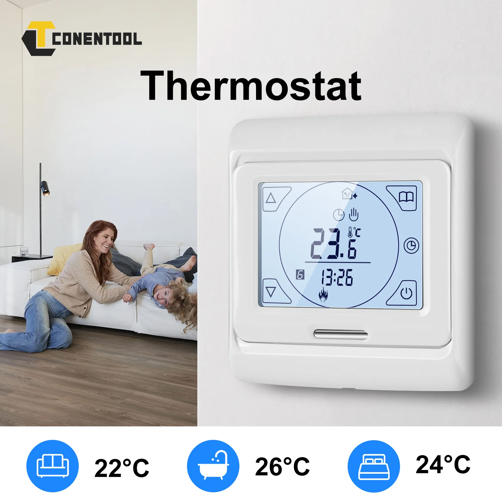 Termostato inteligente CONENTOOL Termostato de calefacción por suelo radiante de agua Precisión ±0,5 ° Hogar del termóstato de la caldera de gas de la pantalla táctil del control C