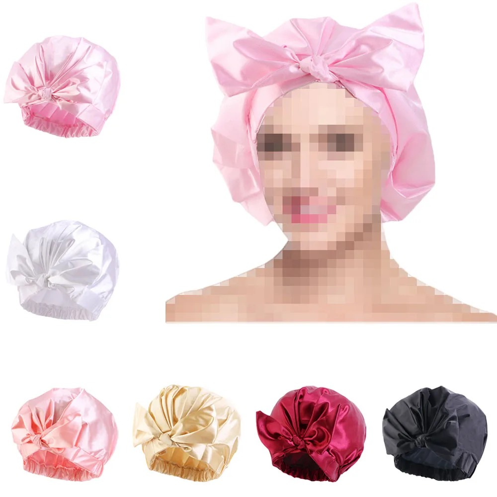 

Solid Night Sleep Cap Women Elastic Bowknot Hair Loss Satin Bonnet Sleeping Nightcap Head Cover Bonnet Hat Hijab Chemo Caps Hats