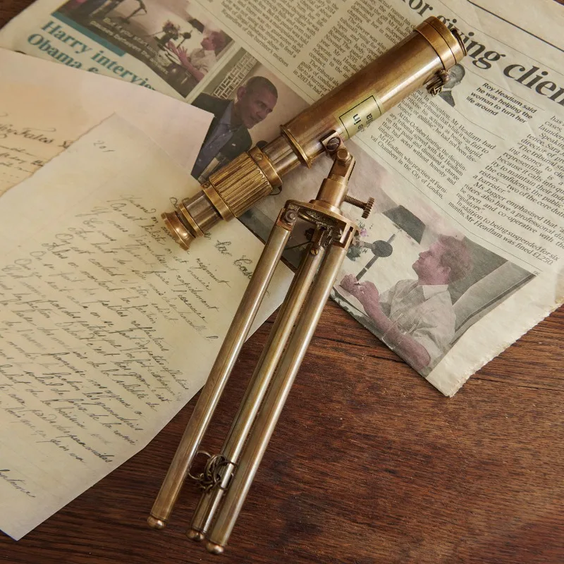 Brass Vintage Telescope Magnifier Bell Set, European Style Desk Ornament for Home Office Living Room, Tabletop Decor Gift