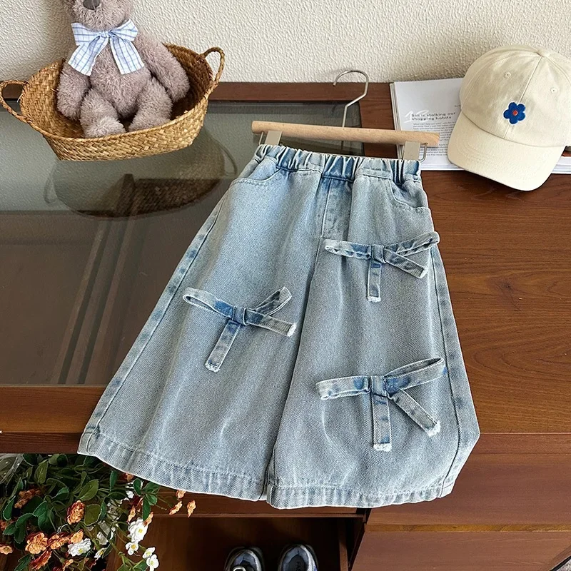 Girls Pants 2024 Autumn New Childrens Wear Korean Style Girlfriend Baby Foreign Style Bow Loose Wide Leg Pants Casual Simple