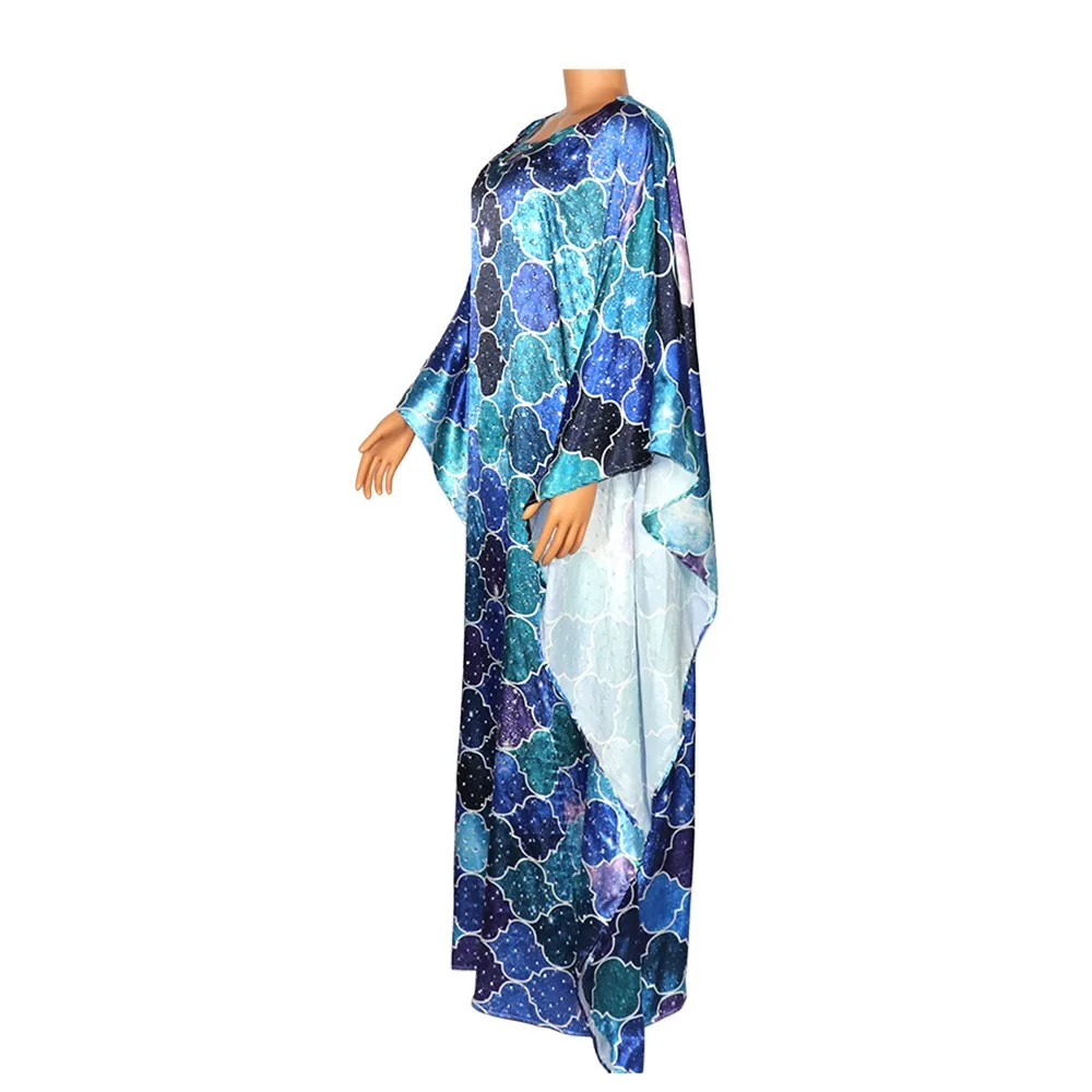 African Woman Dress  Hot Fix Rhinestone Multi Color Grid Pattern Rayon Loose Plus Size Fashion Elegant Slight Stretch Robe