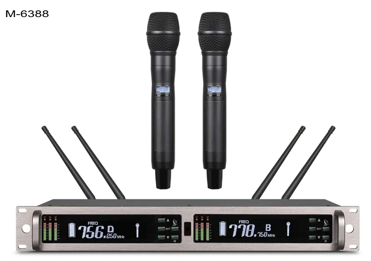 M-6388 UHF True Diversity mezclador Digital profesional consola de Audio micrófono 2 canales KTV sistema con micrófono inalámbrico de mano