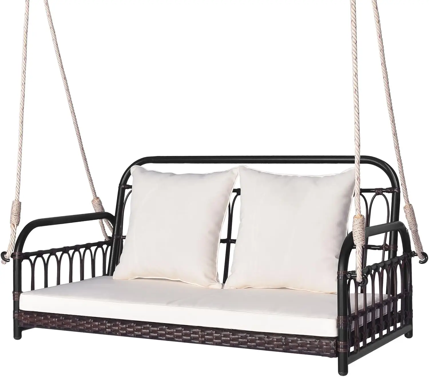 

2-Person Porch Swing Outdoor, Patio Wicker Hanging Swing Bench with Cushions, Metal Frame, Ropes, 880 LBS Capacity, Rattan Swing