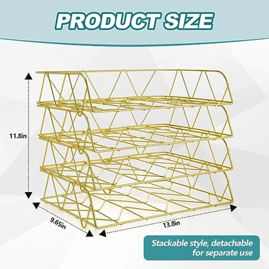 4 Tier Stackable Gold Desk Organizer Paper Tray Rack Metal Letter Desk File Organizer Horizontal Holder File Trays for Office D