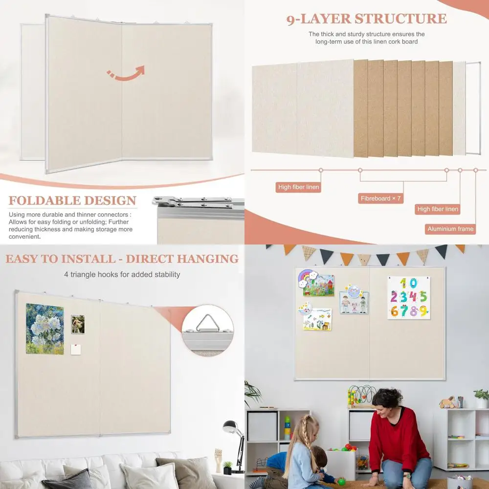Foldable Linen-Covered Corkboard, 48x36, Aluminum Framed, Vision Board for Office or School, 20 Pins Included