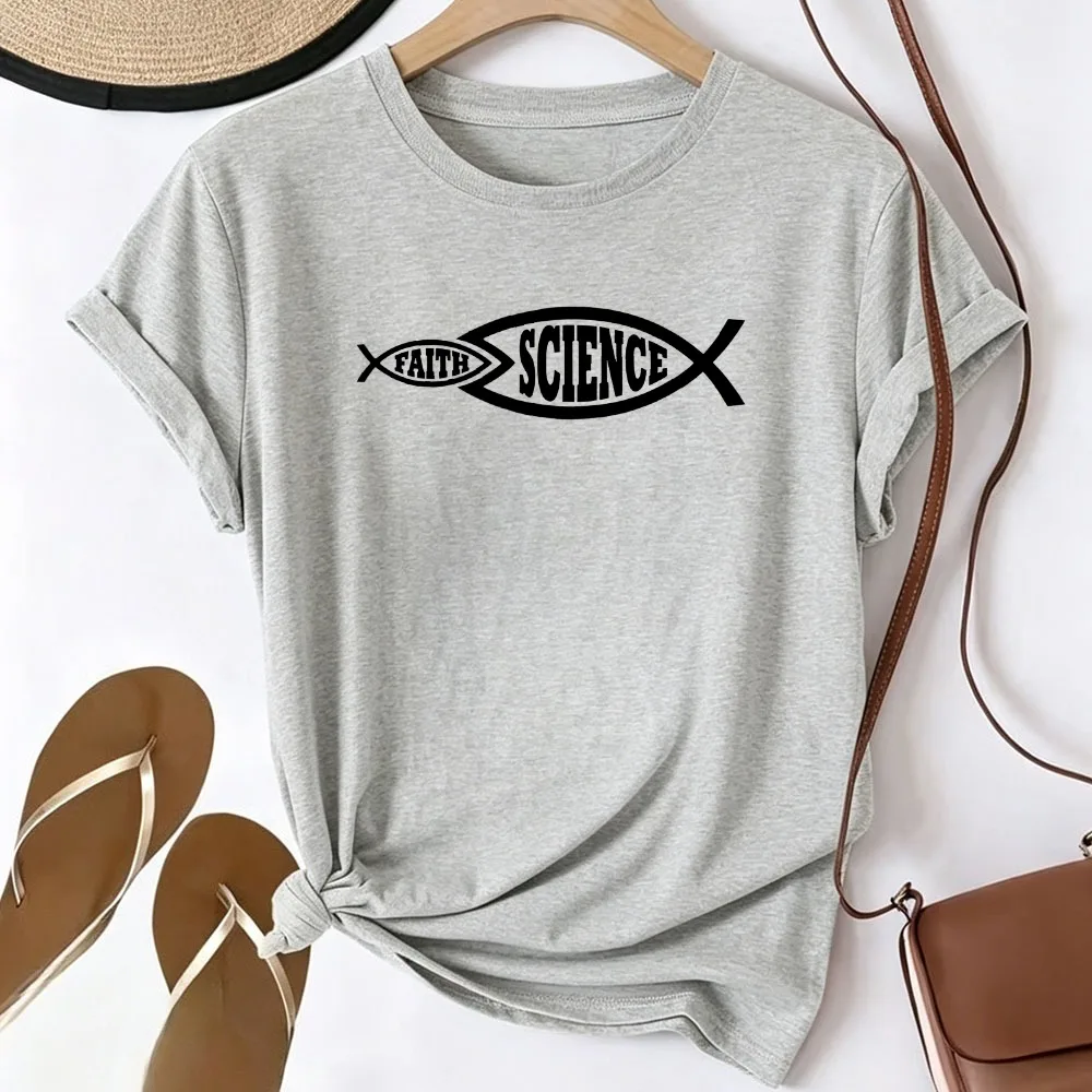Faith and Science Fish Symbol Graphic T Shirt Faith Science Coexist Ichthys Logo Print Casual Tee Religious Belief Scientist
