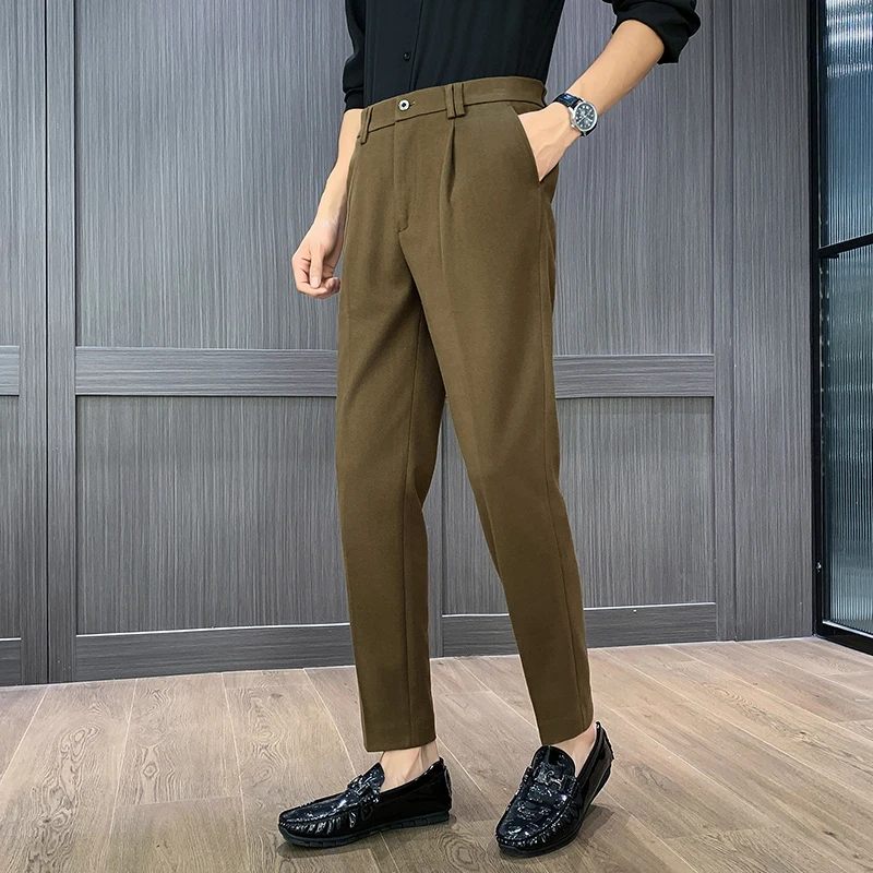 

Winter Elastic Waistband Casual Pants for Men Fashion Versatile Business Woolen Suit Pants Office Social Trousers Costume Homme