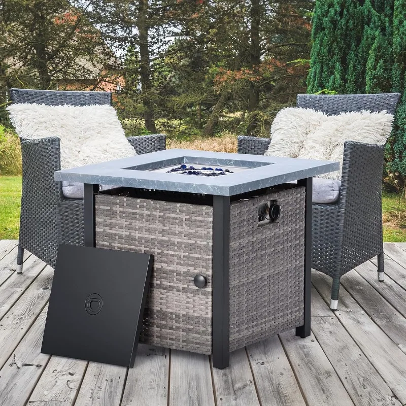 32 Inch Outdoor Propane Fire Pit Table Rattan Wicker 50,000 BTU Gas Firepits with Steel Lid,PVC Cover & Blue Fire Glass