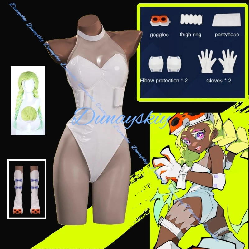 Gunsmith Bitchhh Cosplay Costume Wig Shoe cover Anime New Panty Stocking with Garterbelt White Bodysuit Glasses Halloween Party
