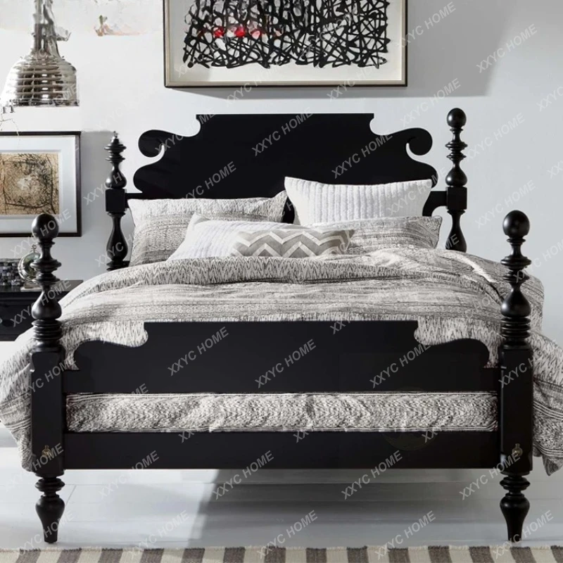 country solid wood simple column black double bed modern fashion