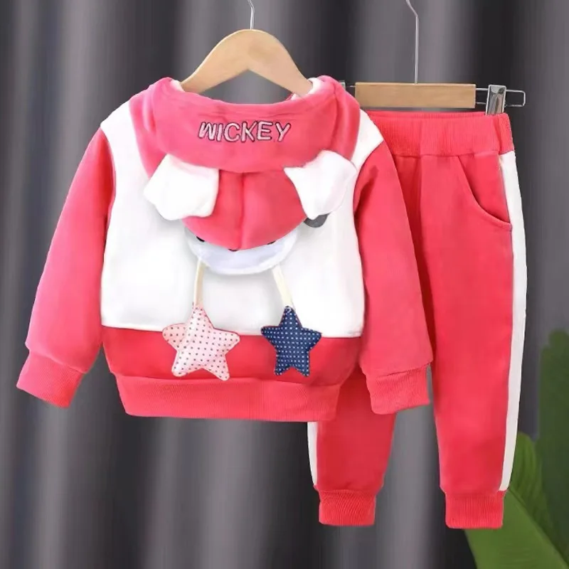 Traje de invierno para niños y niñas, conjuntos gruesos de forro polar, Abrigo con capucha de terciopelo grueso y pantalones de dibujos animados, mantiene el calor, sui de 0 a 7 años