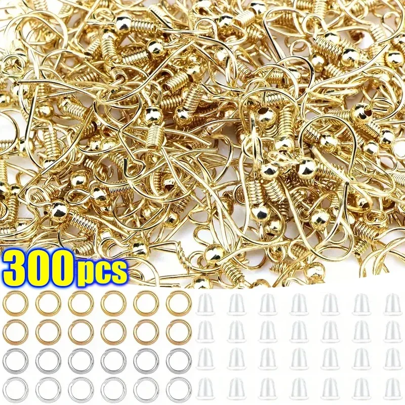 Kit de gancho brinco hipoalergênico, Mix-Color Ear Wires Hooks, Open Jump Rings, DIY Earplugs Repair, 300Pcs por lote