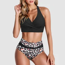 Women Two Piece Bikini Swimwear Sexy Leopard Print Push Up Swimsuits Halter-Neck Open Back Bathing Suit Maillot De Bain Femme