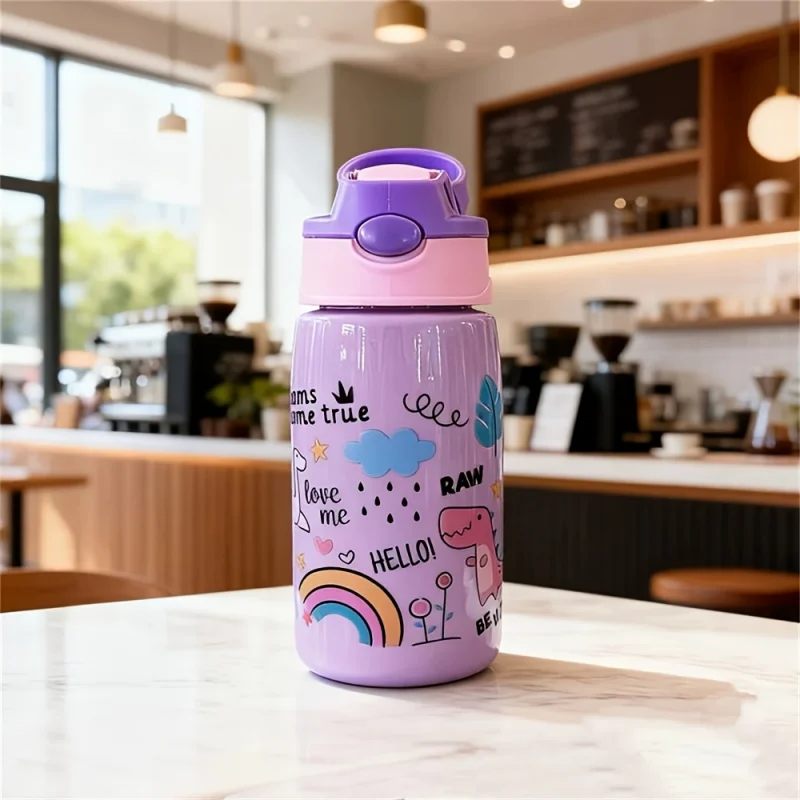 زجاجة مياه لطيفة 480 مل، زجاجة مياه محمولة متينة سعة 500 مل مع قش ومقبض، مادة كمبيوتر خالية من مادة BPA، غطاء قابل للغلق مانع للتسرب