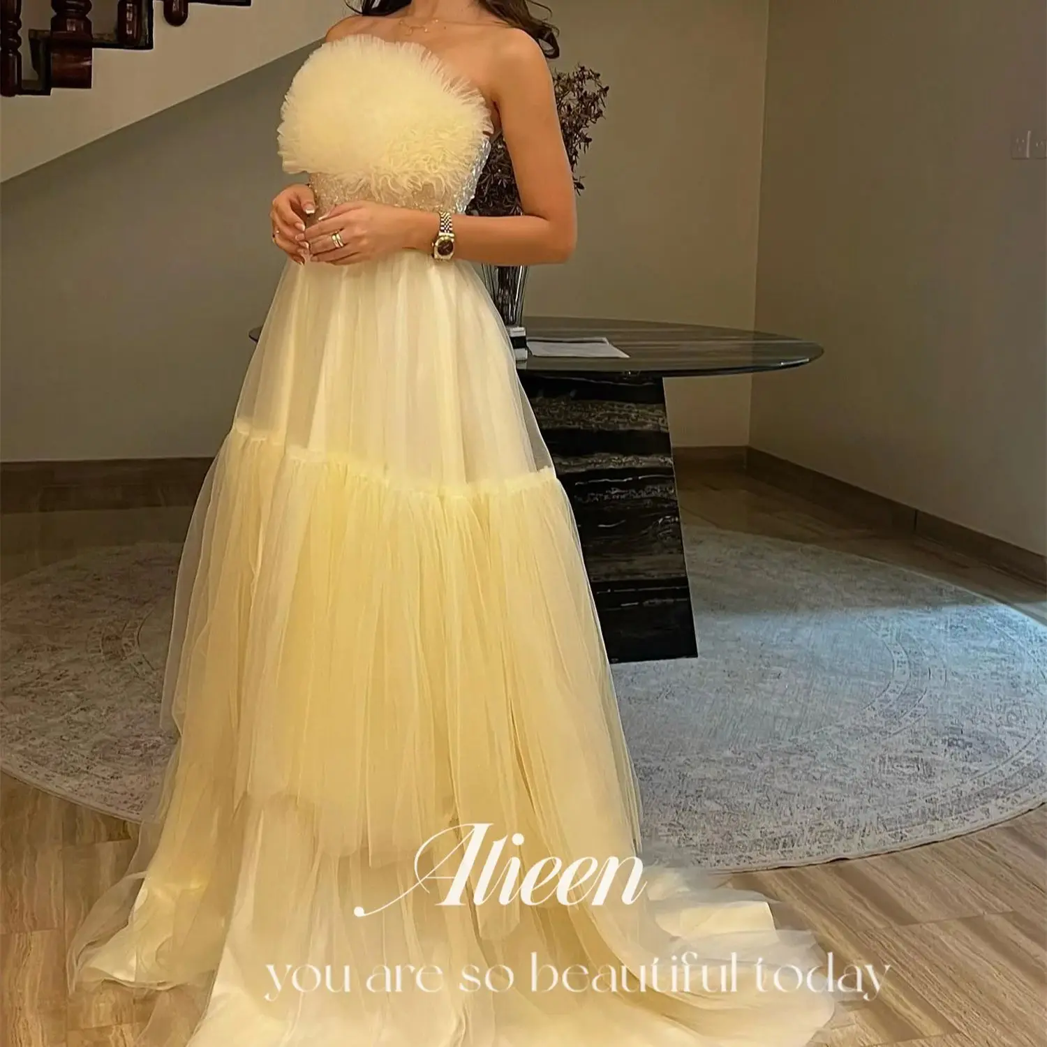 Aileen Tube Top A-line Layered Strapless Yellow Elegant Womens Party Dresses Women's Evening Dress Evening Dress Stylish Wedding