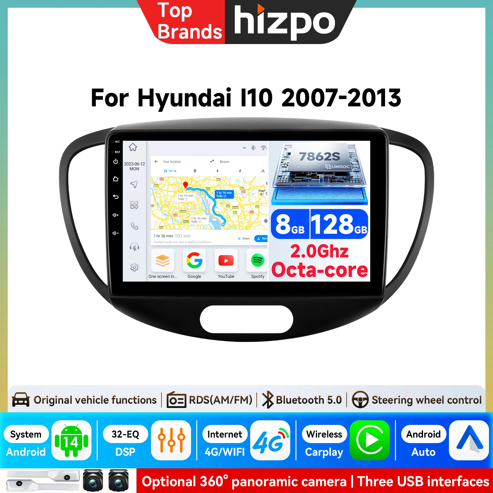 Radio para Auto Hyundai I10 2007-2013, Reproductor Multimedia de Audio y Video, Android 15, CarPlay Inalámbrico, Pantalla Dividida, DSP Estéreo, WIFI, BT