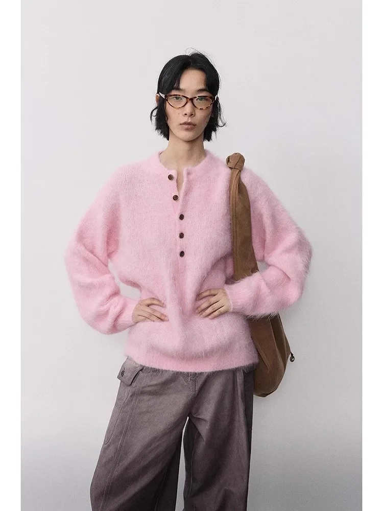 

Pink round Neck Mink Sweater Women's Autumn Winter New Gentle Milk Call Henry Collar Knitted Top High-End Feeling Upperwear