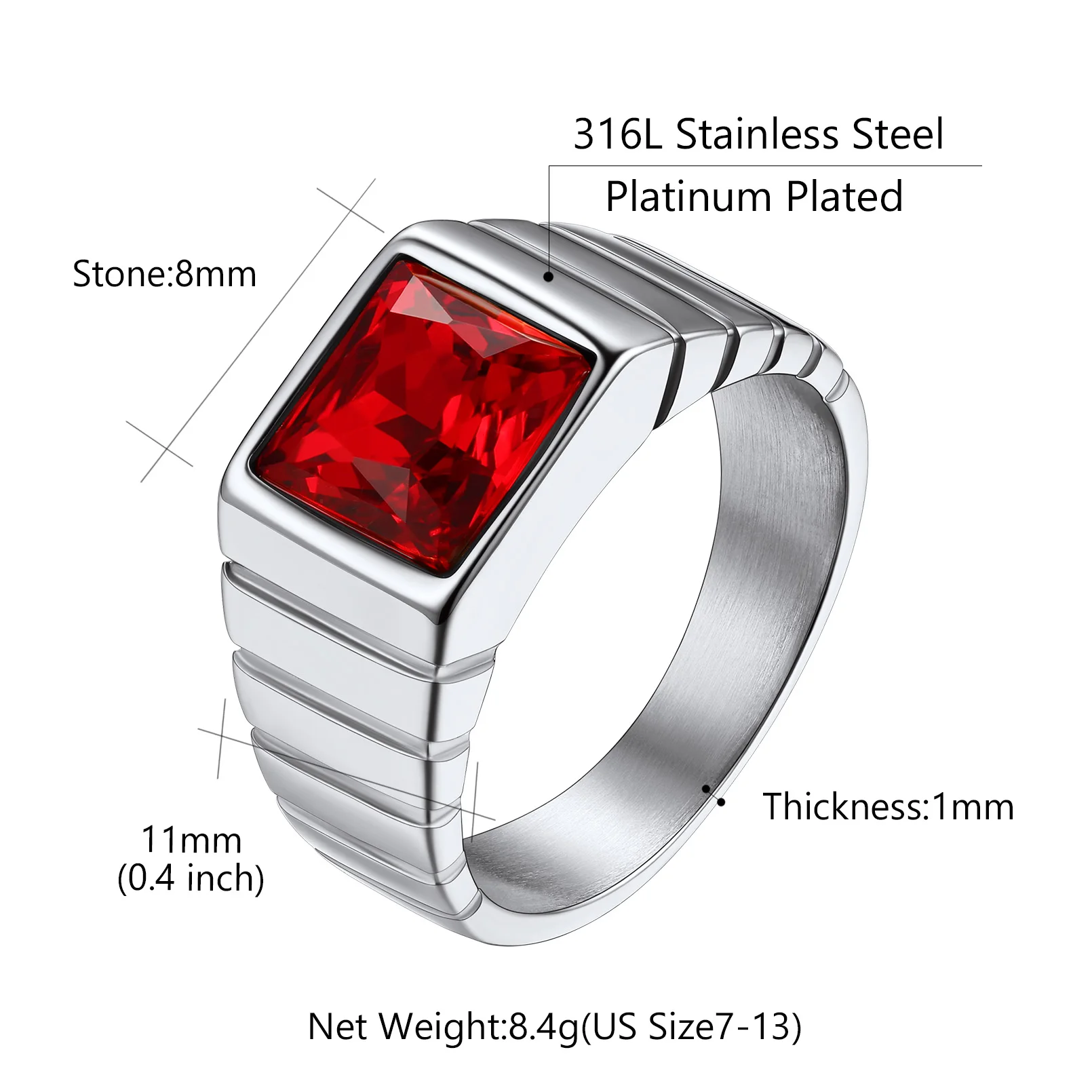 U7 Stainless Steel 11mm Wide Rectangle Stones Rings for Man Size 7-13 Strips Side Birsthstones Birthday Jewelry Gift for Him