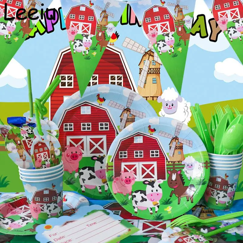 Farm Animal Barn Themed Party Disposable Tableware Set Cups Plates Paper Towels Straws Children\'s Birthday Decorations