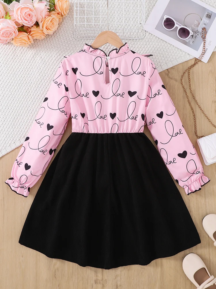 Autumn And Winter Girls' Casual Sweet And Cute Adjustable Waistband Long Sleeved Heart-Shaped Printed Dress