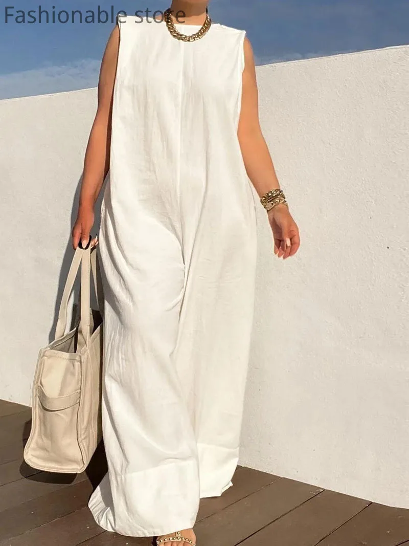 Women Casual Solid Color Sleeveless Round Neck Wide Leg Loose Jumpsuits