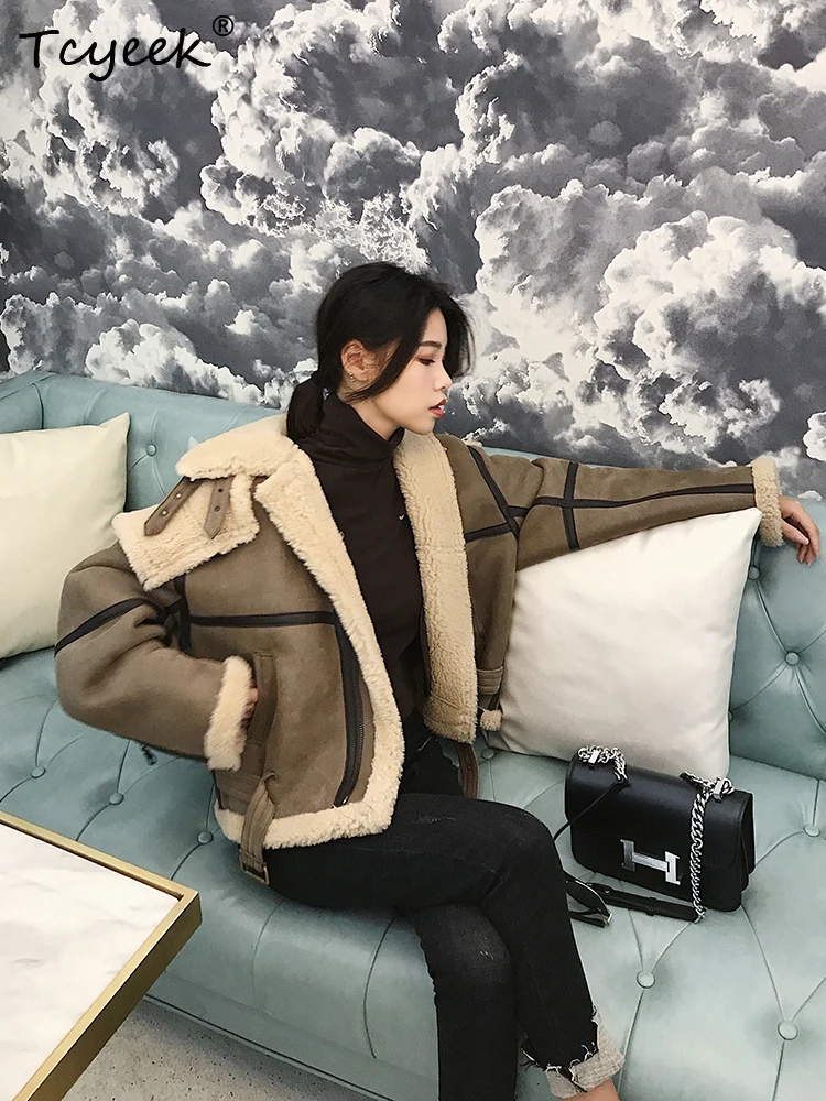 Tcyeek Genuine Wool Autumn Winter High End Trendy Hooded Silmming Stand Collar Women's Wool Shearling Fur Coat Fourrures Femme