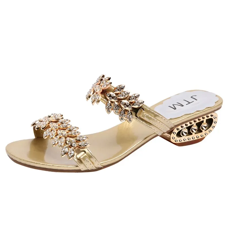 2025 New Summer Open Toe Women's Rhinestone Flip Flop Sandals Mid Heel Non-Slip Plus Size Fashion Casual Comfort Shoes for Women